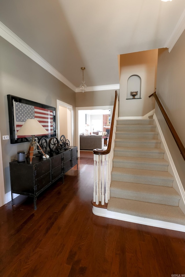 stairs featuring crown molding and dark wood-type flooring