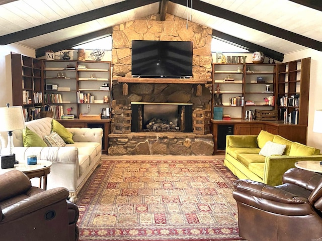 living room with wooden ceiling, lofted ceiling with beams, and a stone fireplace