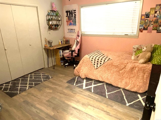 bedroom featuring hardwood / wood-style floors and a closet