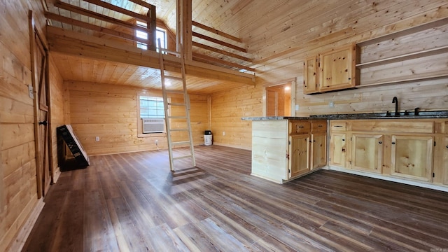 kitchen with dark hardwood / wood-style flooring, wooden ceiling, light brown cabinetry, and wooden walls