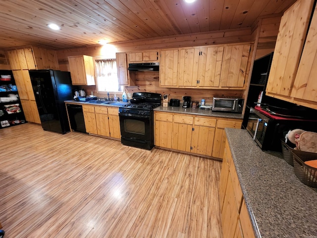 kitchen with light wood-type flooring, range hood, wood ceiling, and black appliances