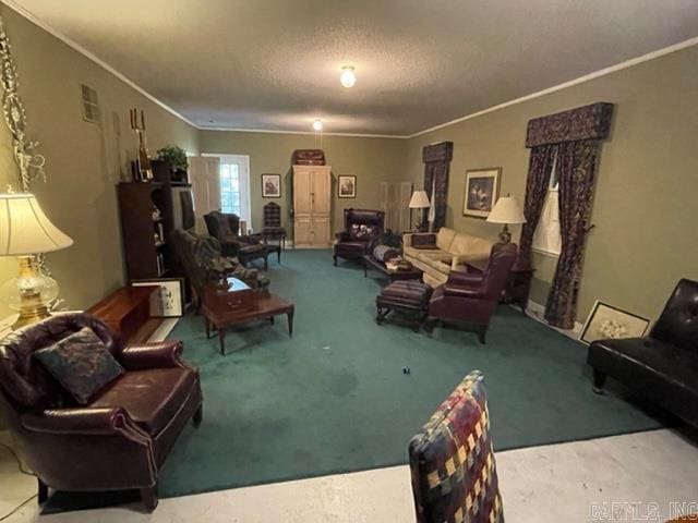 carpeted living room with ornamental molding