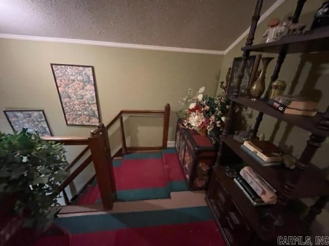 interior space with crown molding and dark carpet