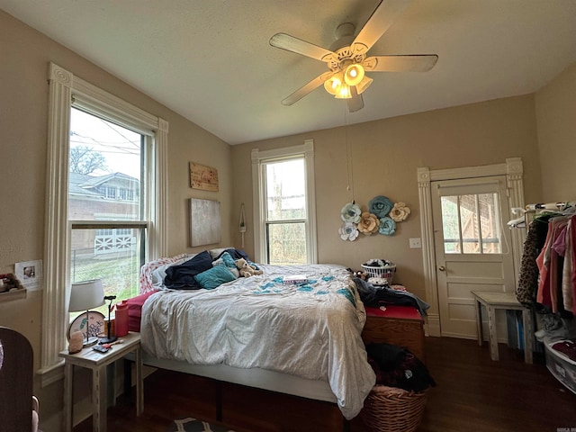 bedroom with dark hardwood / wood-style floors, ceiling fan, and multiple windows