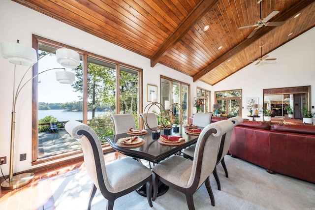 dining room with ceiling fan, high vaulted ceiling, a water view, beam ceiling, and wooden ceiling