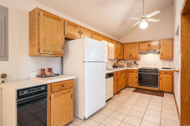 kitchen with white appliances, ceiling fan, light tile floors, sink, and high vaulted ceiling