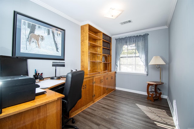 office area with ornamental molding and dark hardwood / wood-style flooring