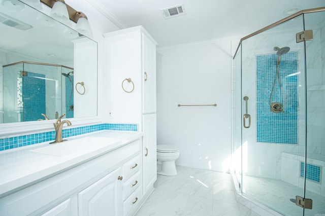 bathroom with walk in shower, tile flooring, toilet, crown molding, and oversized vanity