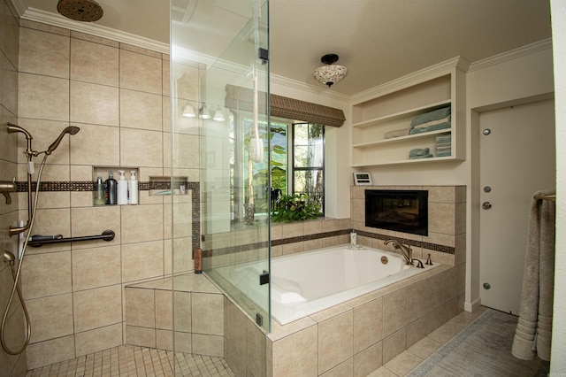 bathroom with tile walls, tile floors, crown molding, a tile fireplace, and plus walk in shower