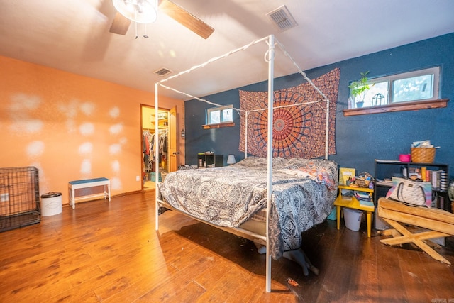 bedroom featuring a walk in closet, hardwood / wood-style floors, a closet, and ceiling fan