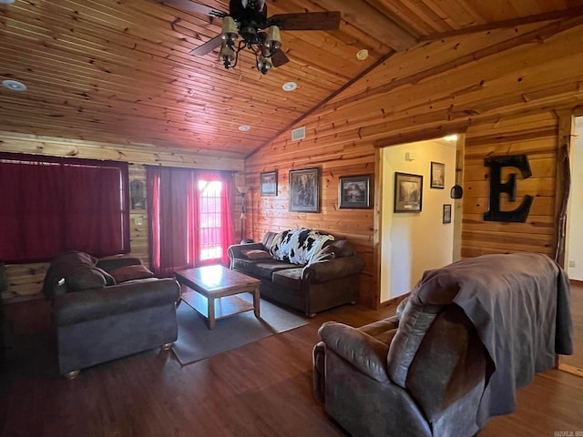 living room with wood walls, lofted ceiling, ceiling fan, wood-type flooring, and wood ceiling