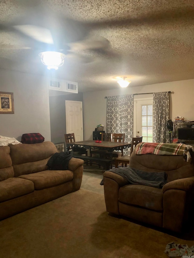 carpeted living room with a textured ceiling