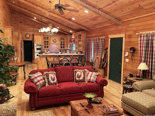 living room featuring lofted ceiling with beams, light hardwood / wood-style floors, wooden ceiling, and wooden walls