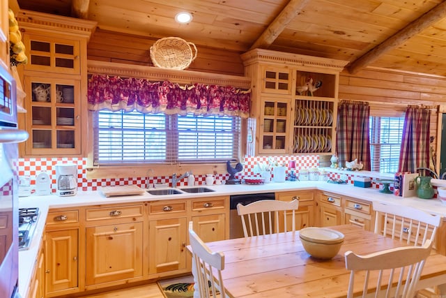 kitchen featuring appliances with stainless steel finishes, sink, wooden ceiling, and beam ceiling