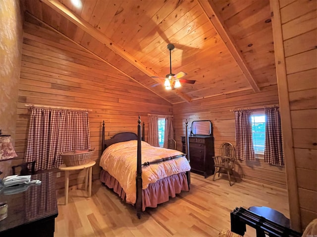 bedroom featuring light wood-type flooring, wooden walls, ceiling fan, and wooden ceiling