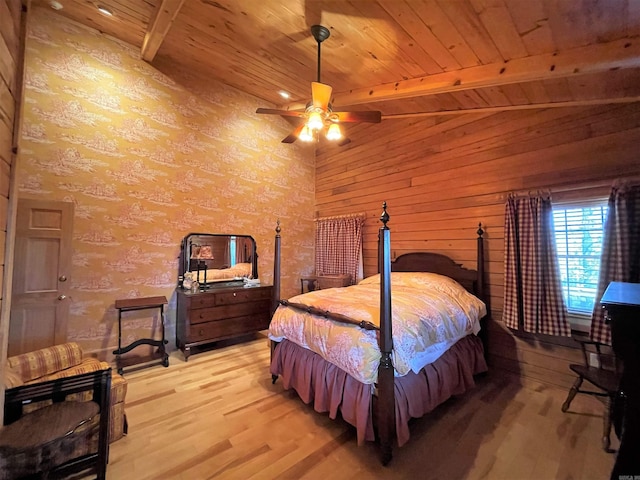 bedroom with ceiling fan, lofted ceiling with beams, light wood-type flooring, and wooden ceiling