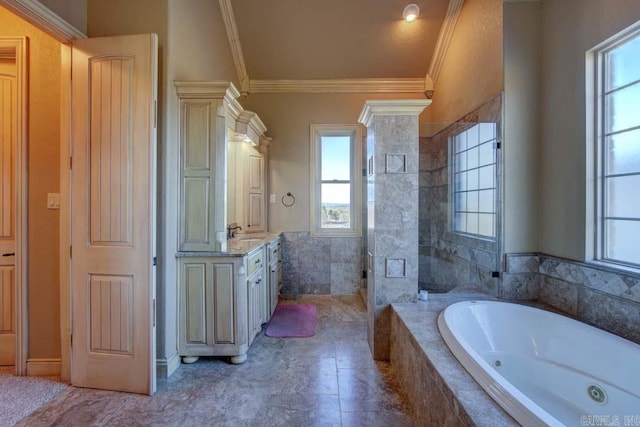 bathroom with ornamental molding, vanity, and independent shower and bath