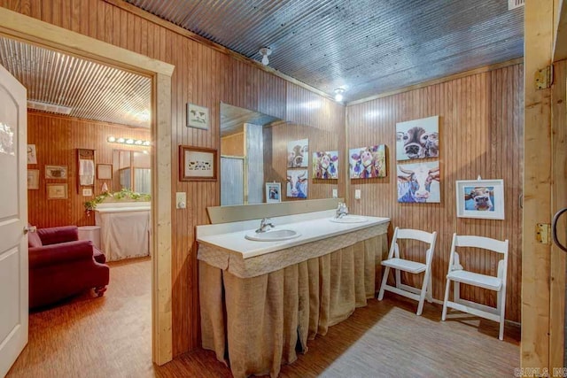 bathroom featuring wood walls, hardwood / wood-style floors, and vanity