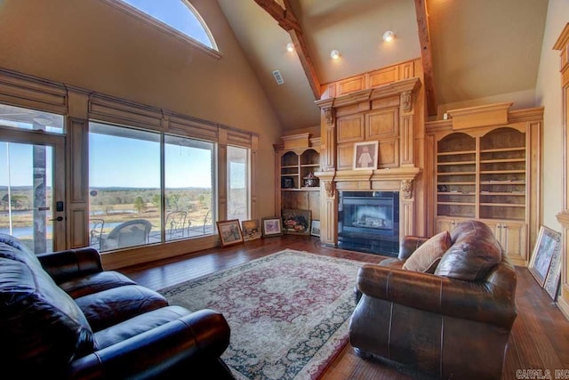 living room featuring plenty of natural light, a large fireplace, high vaulted ceiling, and dark hardwood / wood-style flooring