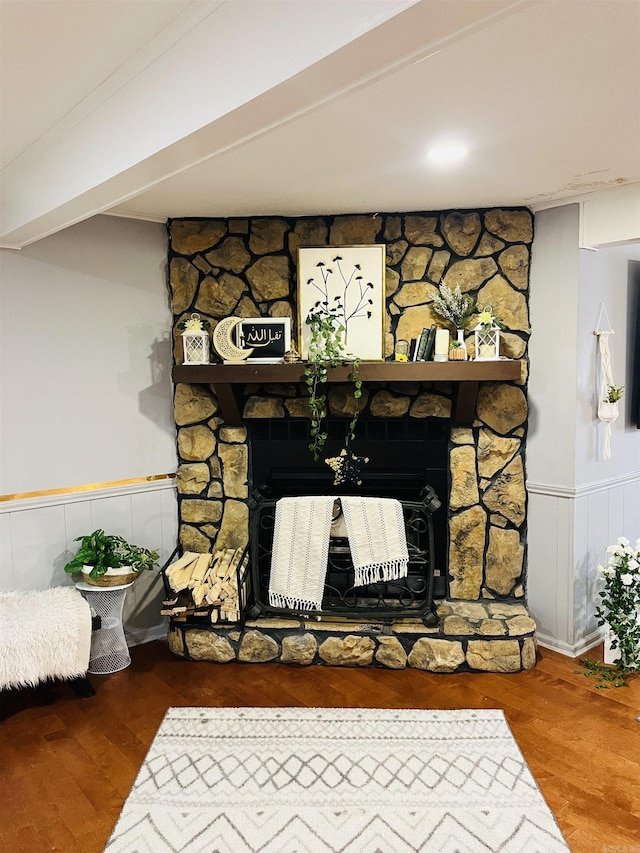 room details featuring a wainscoted wall, a fireplace, and wood finished floors