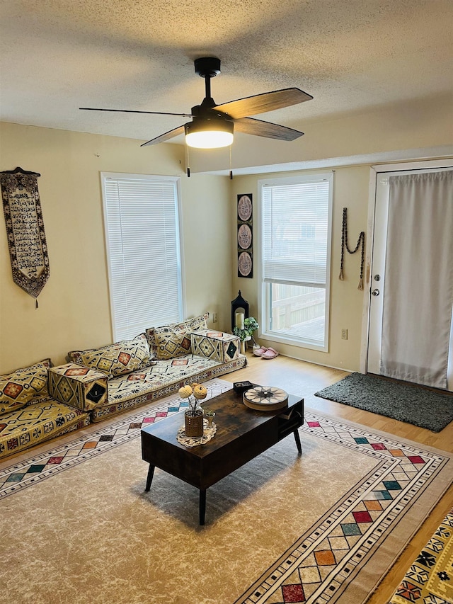 living area featuring ceiling fan, a textured ceiling, and wood finished floors