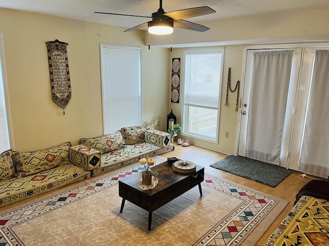living area featuring ceiling fan, a textured ceiling, and wood finished floors