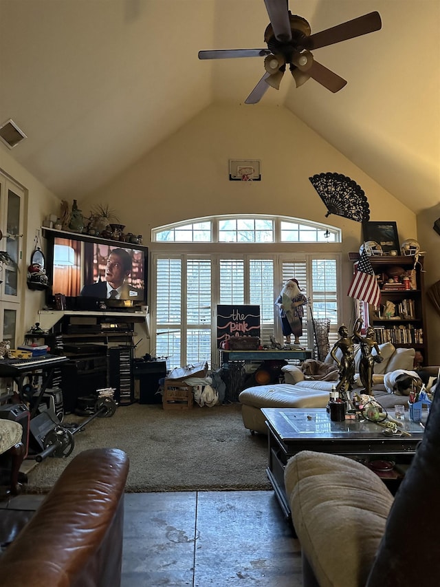 living room featuring carpet, high vaulted ceiling, and ceiling fan