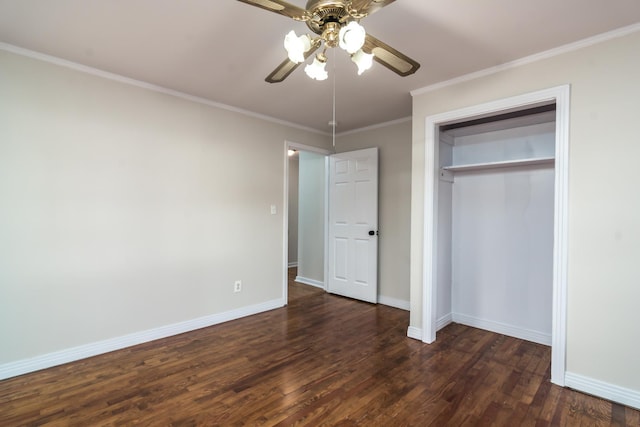 unfurnished bedroom featuring a closet, ceiling fan, ornamental molding, and dark hardwood / wood-style floors