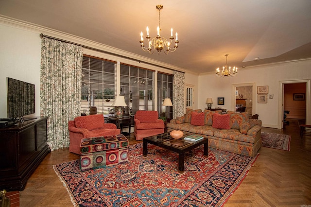 living room with parquet floors, crown molding, and a notable chandelier