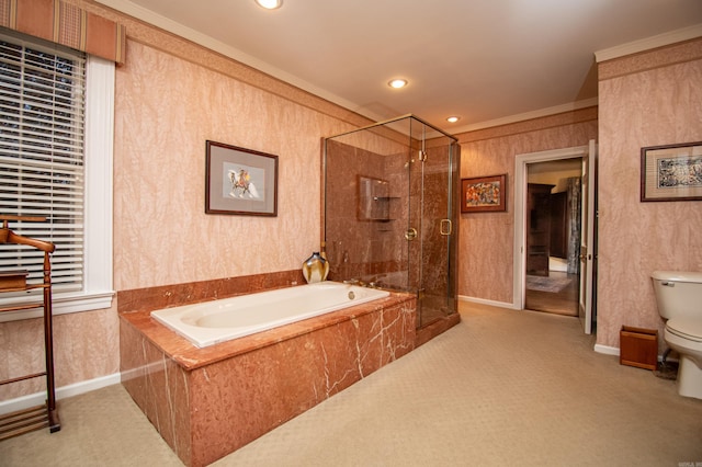 bathroom featuring crown molding, toilet, and plus walk in shower