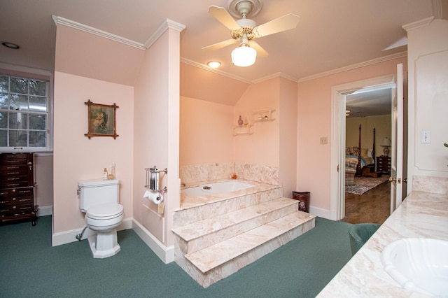 bathroom with crown molding, a bathtub, toilet, vanity, and ceiling fan