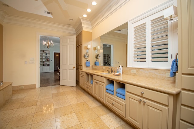 bathroom with vanity, crown molding, wood-type flooring, and a notable chandelier