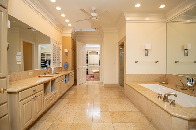 bathroom with ornamental molding, tile patterned floors, vanity, ceiling fan, and a bath