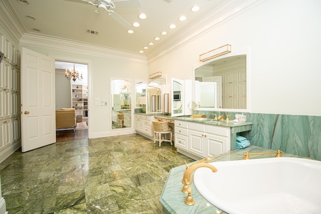 bathroom featuring vanity, hardwood / wood-style flooring, ceiling fan, ornamental molding, and a tub to relax in