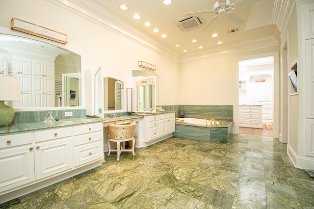 bathroom featuring tile patterned flooring, ornamental molding, vanity, and ceiling fan