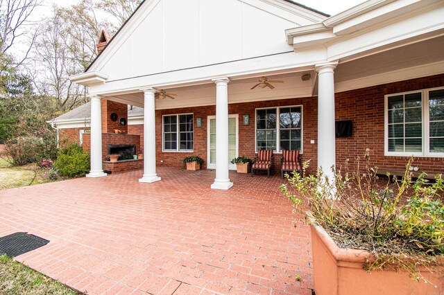 view of patio featuring ceiling fan and covered porch