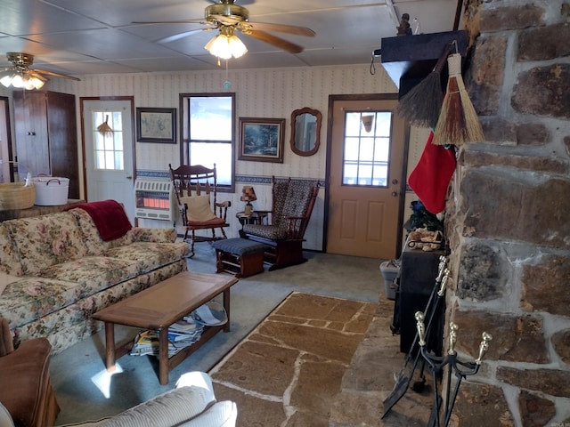 living room with ceiling fan