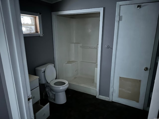 bathroom with a shower, toilet, and vanity