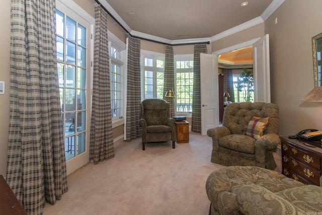 sitting room with crown molding, light carpet, and a healthy amount of sunlight