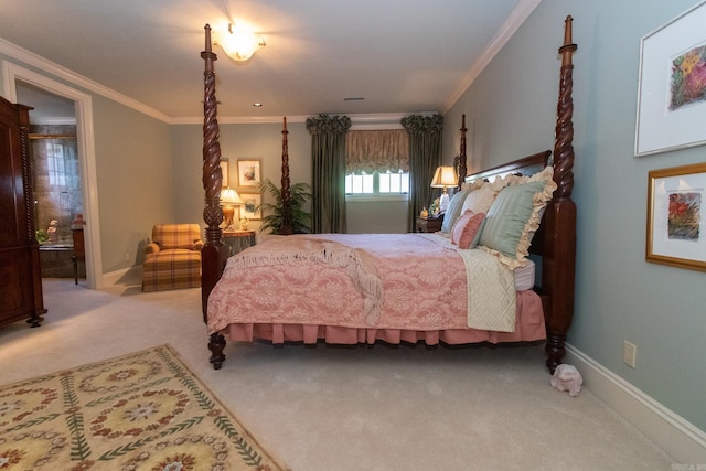 carpeted bedroom featuring crown molding