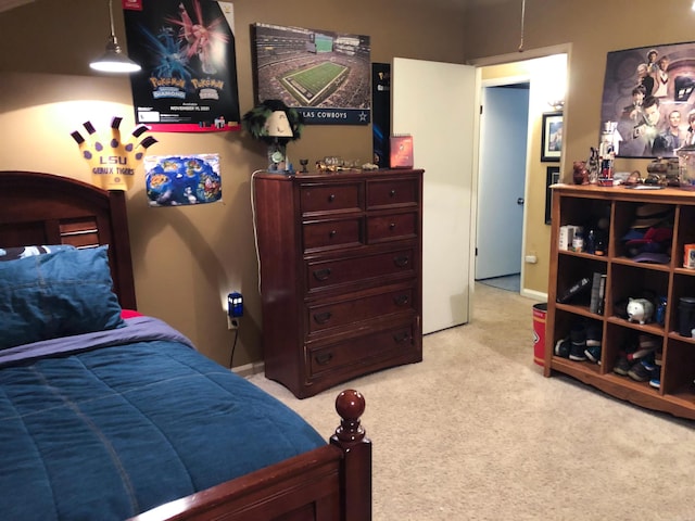 bedroom with light carpet