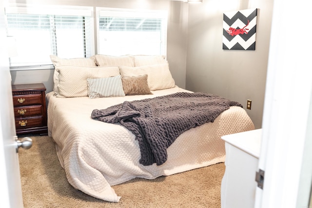 bedroom with light colored carpet