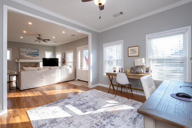 bedroom with ornamental molding and light wood-type flooring