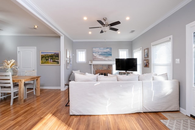 living room featuring ceiling fan, a fireplace, light hardwood / wood-style floors, and a healthy amount of sunlight