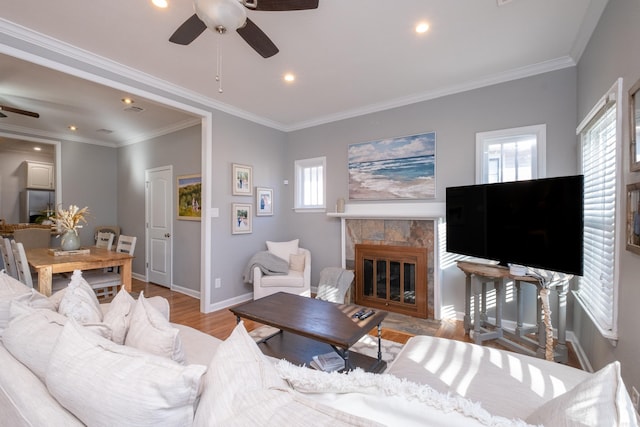 living room with crown molding, a fireplace, ceiling fan, and light hardwood / wood-style flooring