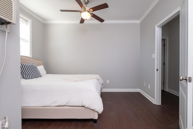 bedroom with dark hardwood / wood-style flooring, ceiling fan, ornamental molding, and a wall unit AC