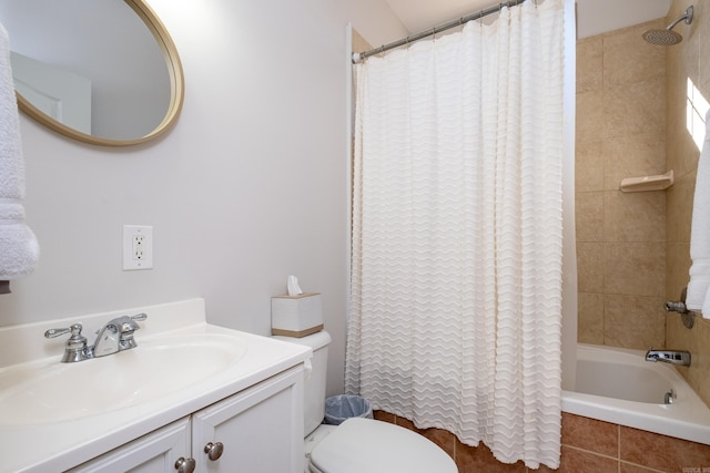 full bathroom with toilet, large vanity, shower / bathtub combination with curtain, and tile flooring