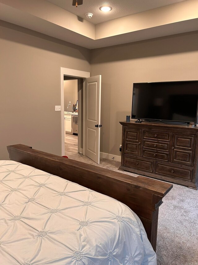 bedroom with light colored carpet and sink