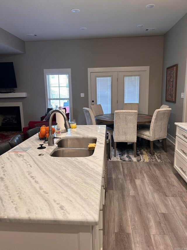 kitchen with light stone counters, wood-type flooring, sink, and a kitchen island with sink