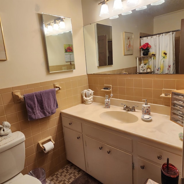 bathroom featuring tile walls, tasteful backsplash, toilet, and tile flooring